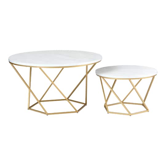 Faux White Marble & Gold Geometric Modern Nesting Coffee Table Set